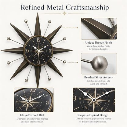 Mid-Century Starburst Wall Clock - 23.4-Inch Bronze & Silver Trim