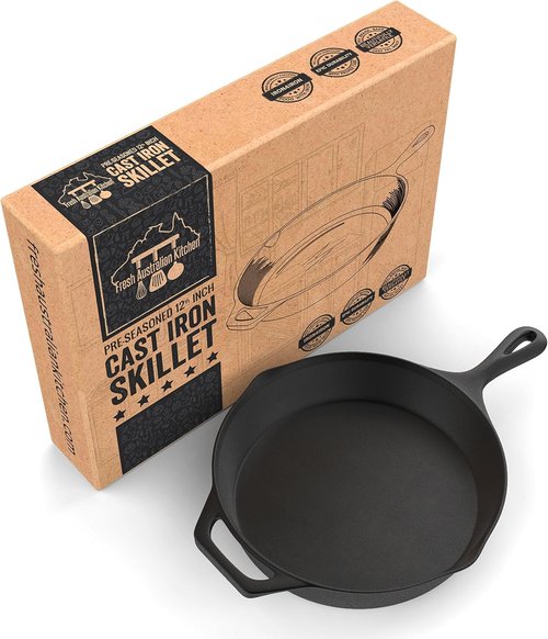 Fresh Australian Kitchen 12" Cast Iron Skillet - Nonstick Pre-Seasoned Frying Pan for Versatile Cooking
