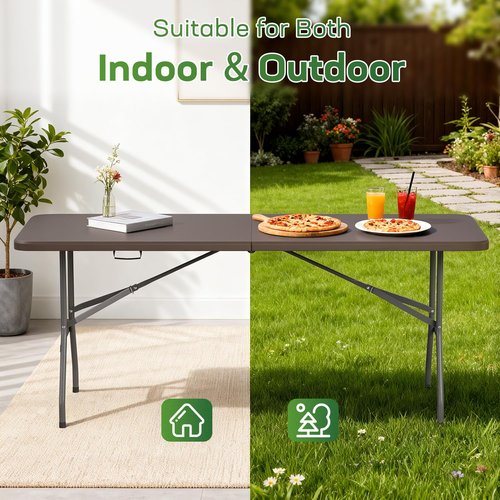 FDW 6 Foot Folding Table, Portable Plastic Table with Carrying Handle Perfect for Indoor, Outdoor, Party, Dining, Wedding, Events, Camping, Brown