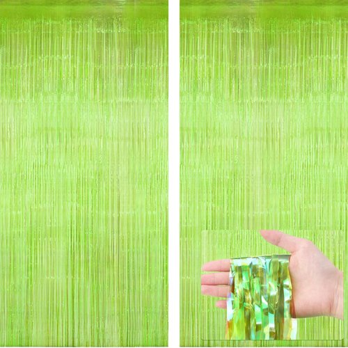 Fanfanwin Neon Green Streamers - 2 Pcs Foil Fringe Tinsel Backdrop Curtains for Parties | 3.28 x 8.2 ft
