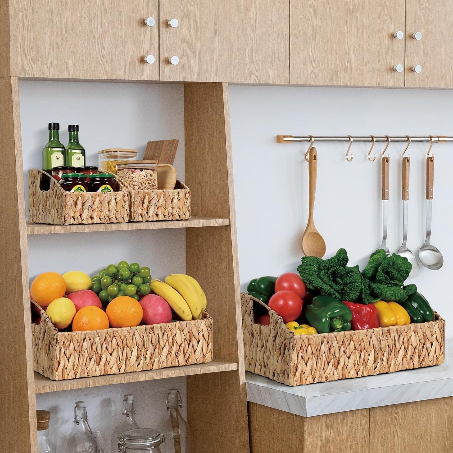 Ollieroo Rattan Storage Baskets - Handwoven Wicker Bins with Handles for Home Organization | Natural Finish
