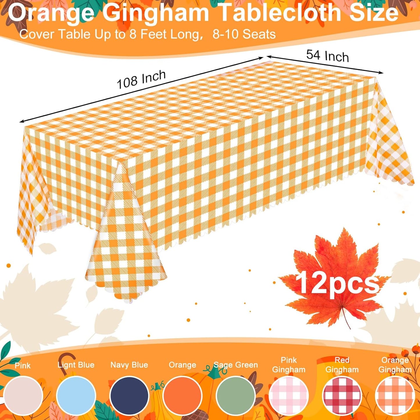 Regine Switzerland 12 Pack Orange Gingham Tablecloths - 54 x 108 Inch Waterproof Disposable Covers for Parties & Picnics