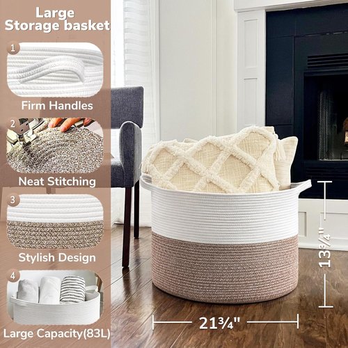 Goodpick Large Woven Rope Storage Basket - 83L Capacity for Blankets & Dorm Essentials | 21.7 x 13.8 Inches