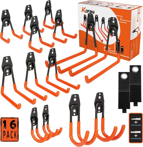KOFANI Heavy Duty Steel Hooks - 16 Pack with Anti-Slip Coating for Garage Storage | Hang Bikes, Ladders & Tools