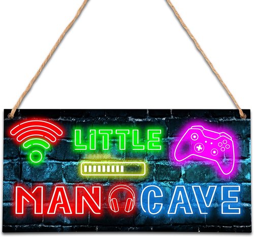 Little Man Cave Neon Gaming Wooden Door Sign - Perfect Gamer Room Decor for Boys' Bedrooms (5"x10")