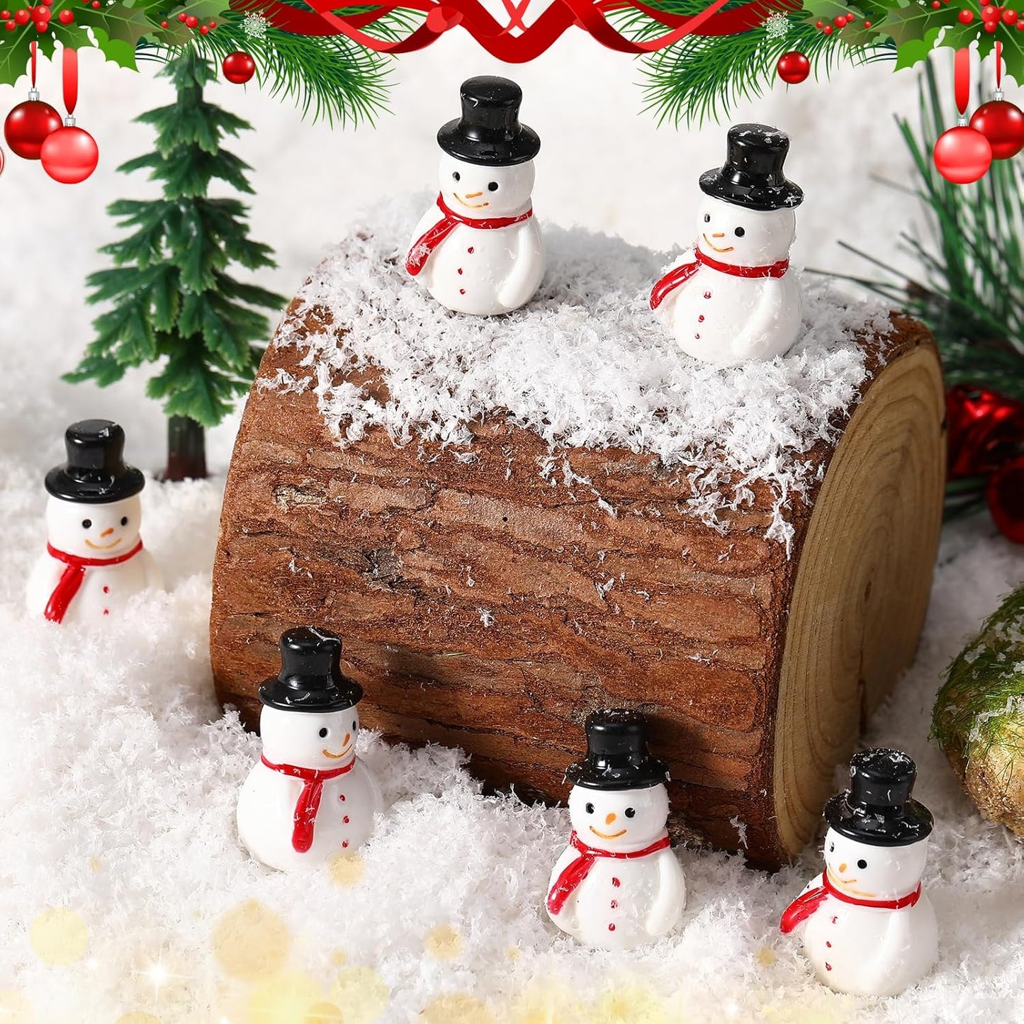 Skiennix Winter Mini Resin Snowman Figurines - 50 Pcs Black Hat Decor for DIY Crafts & Cake Decoration