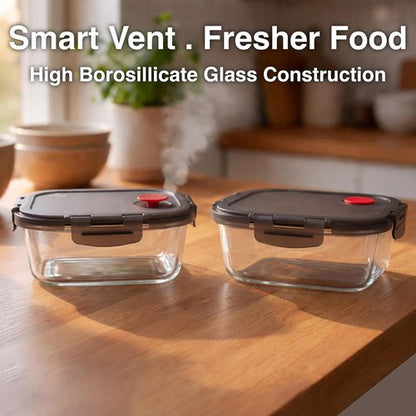 Borosilicate Glass Food Storage Containers - Airtight & Vented Lids | Set of 6 (3 Rectangular, 3 Square)