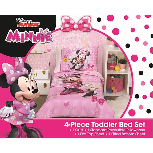 Disney Minnie Mouse Helping Friends 4 Piece Toddler Bedding set - Fitted Sheet, Pillow Case, Top Sheet, and Comforter Quilt - Pink