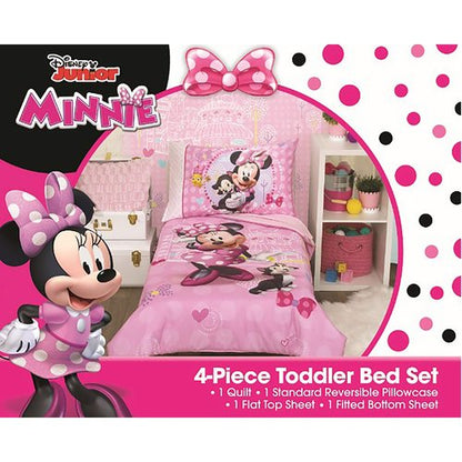 Disney Minnie Mouse Helping Friends 4 Piece Toddler Bedding set - Fitted Sheet, Pillow Case, Top Sheet, and Comforter Quilt - Pink