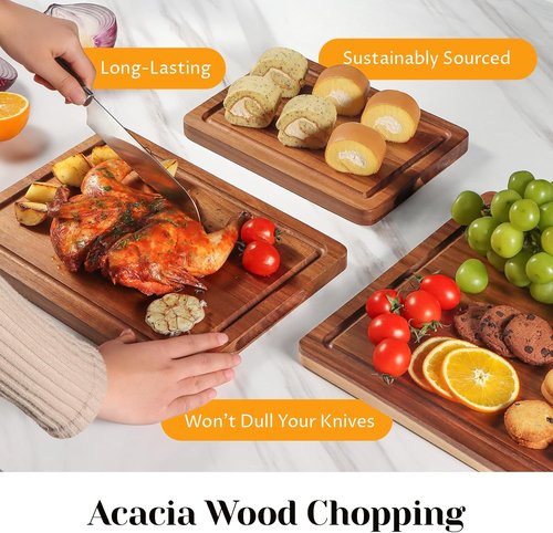 Acacia Wood Cutting Board Set - Durable Chopping Boards with Deep Juice Grooves & Built-in Handles | Set of 3