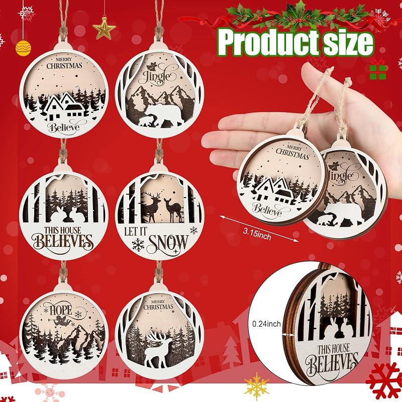 Jetec 6 Pcs Rustic Christmas Ornaments – Round Wooden Deer Forest Decor (Variation: Round Style)
