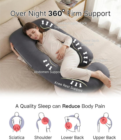 ALLOPERA Pregnancy Pillow - 57 Inch Full Body Maternity Support | Removable Washable Cover, Black Milk Fiber