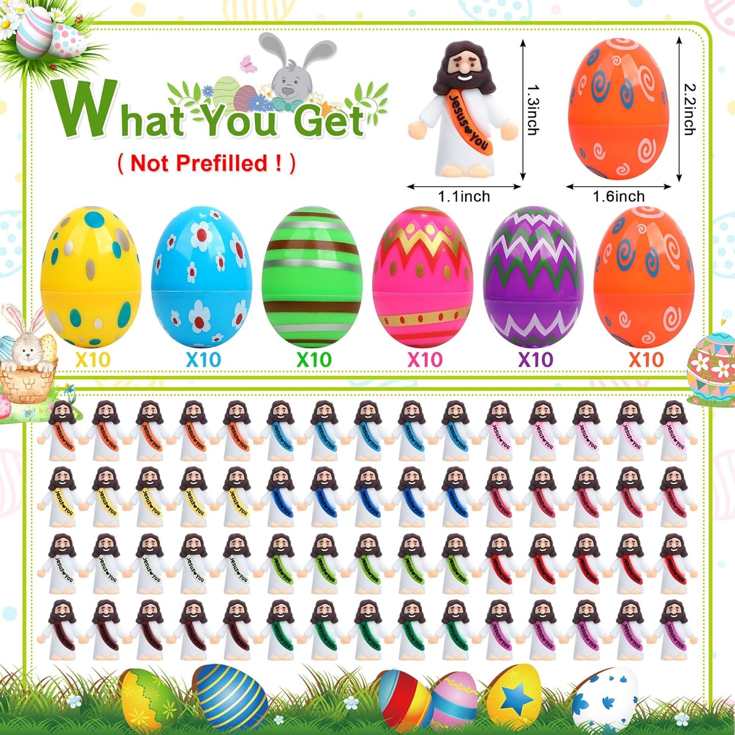 Religious Easter Basket Stuffers - 60 PCS Jesus Figurines & Colorful Eggs for Kids' Egg Hunt