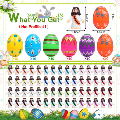 Religious Easter Basket Stuffers - 60 PCS Jesus Figurines & Colorful Eggs for Kids' Egg Hunt