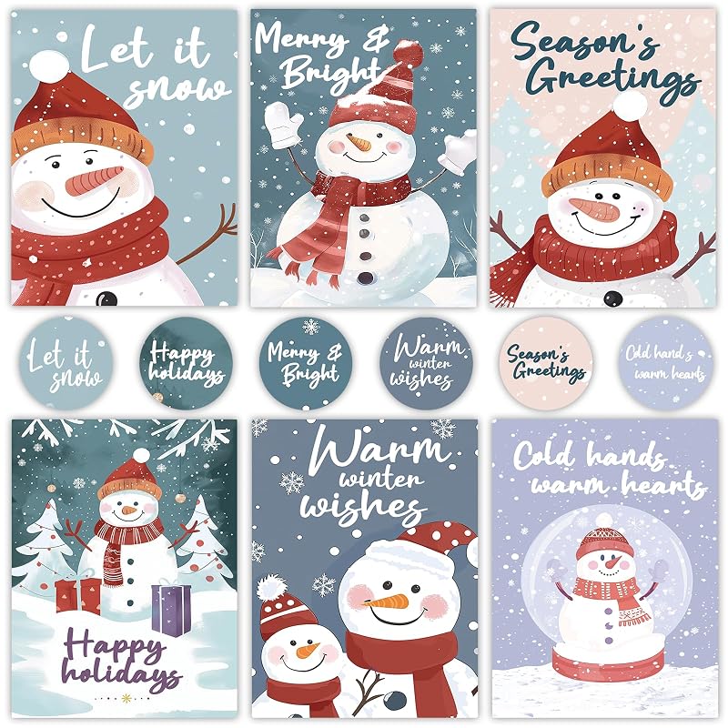 White Snowman 24-Pack Holiday Greeting Cards with Envelopes & Stickers – 6 Designs, 4x6 Inches