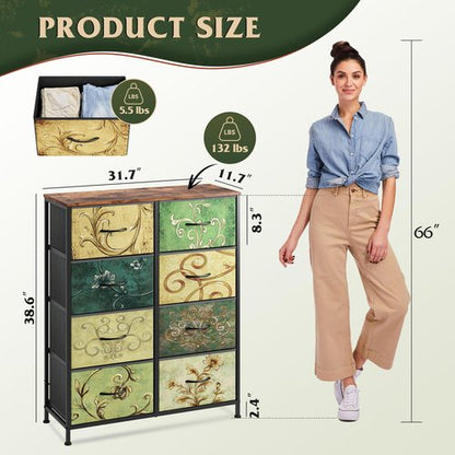 WLIVE Tall Fabric Dresser with 8 Drawers, Storage Tower with Fabric Bins, Double Dresser, Chest of Drawers for Closet, Bedroom, Living Room, Hallway, Dorm, Floral Painted