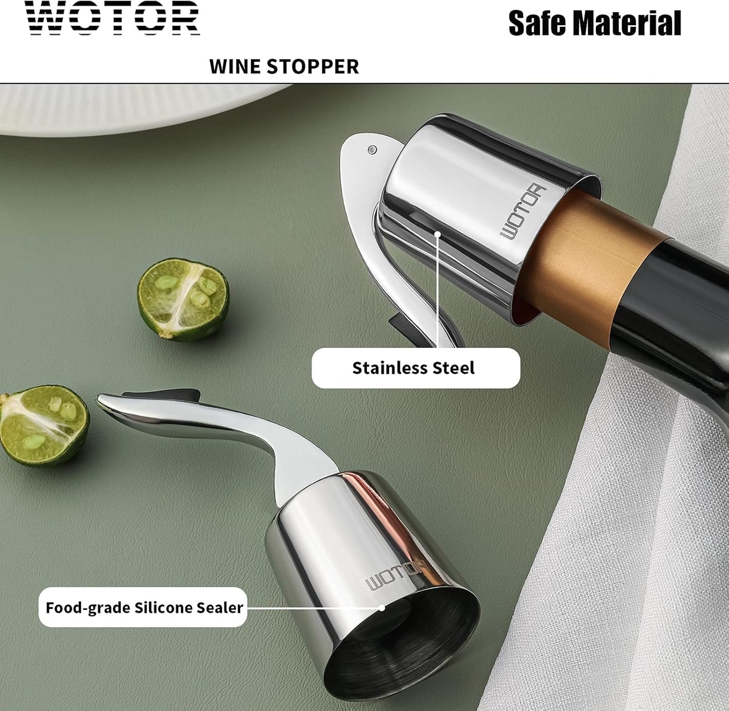 WOTOR Champagne Stoppers with Stainless Steel + Wine Stoppers Stainless Steel 2 Pack (Silver)