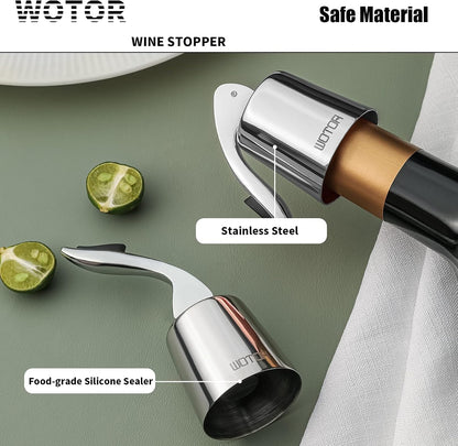 WOTOR Wine Stoppers Stainless Steel Wine Bottle stopper Plug with Silicone Reusable Wine Saver Leak proof Keep Fresh Silver 3 pack