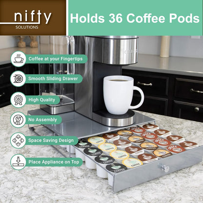 Nifty Coffee Pod Drawer - Compact Silver Storage for 36 K-Cups | Non-Rolling Under Coffee Pot Organizer