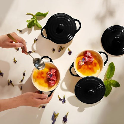 Kook Ceramic Mini Cocotte Set - Small Casserole Dishes with Lids | Oven & Microwave Safe, 12 oz, Set of 4 (Black)