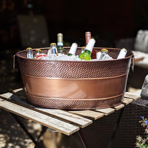 BREKX Copper Beverage Tub w/PVC Party Mat 6-Gallon Beverage Tub & Wine Bucket for Parties & Events, Mimosa Bar Supplies Champagne Bucket with Bar Mat, Large (11 Champagne Bottles)