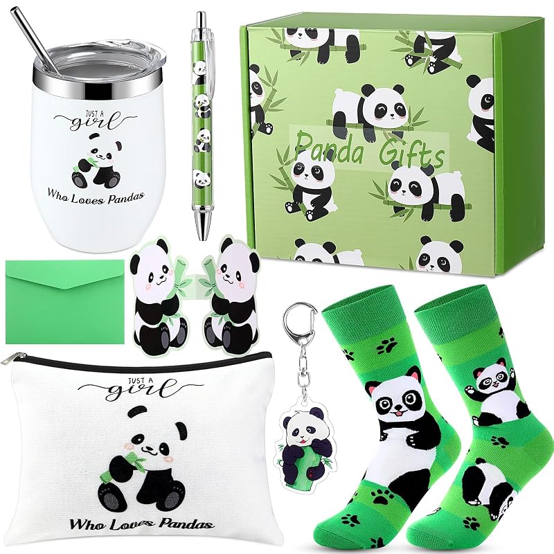Panda Gift Basket Set with Insulated Tumbler, Makeup Bag, Socks, Keychain & Pen - 6 Pcs (Variation: Panda)