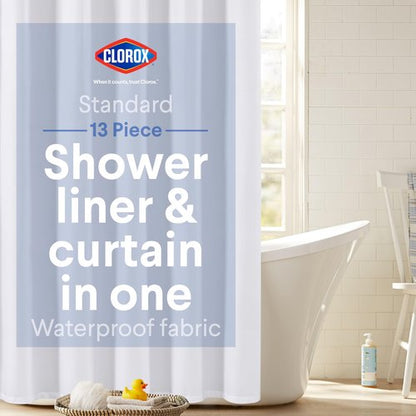 Clorox 2-in-1 Bathroom Shower Curtain Liner w Metal Hooks, Durable Fabric, Weighted Magnets for Bath Water Control, Washable Premium Quality, Modern - 72" x 72" White