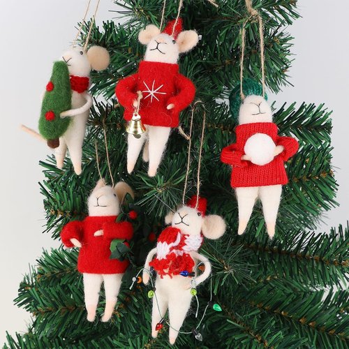 Juegoal Christmas Felt Mice Ornaments - Set of 5 Cute Wool Mouse Hanging Decor for Holiday Wreaths