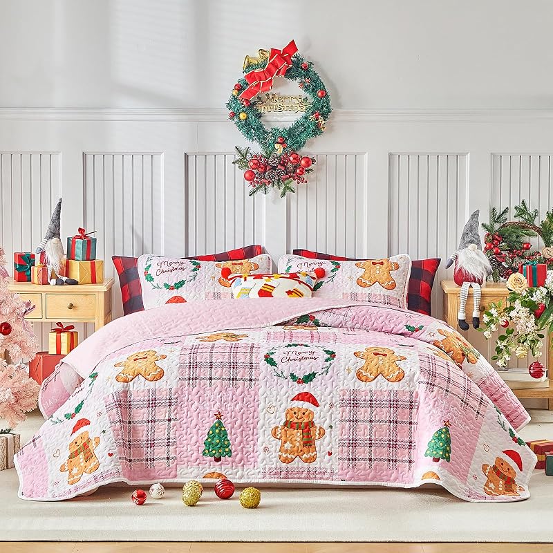 Queen Christmas Quilt Set Pink Plaid Patchwork with Gingerbread Man & Trees - Reversible Gingham Design, 100% Microfiber