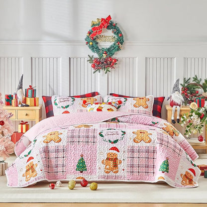 Queen Christmas Quilt Set Pink Plaid Patchwork with Gingerbread Man & Trees - Reversible Gingham Design, 100% Microfiber