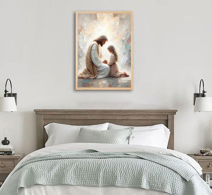 Jesus Wall Art - Christian Spiritual Painting of Jesus Praying with Child | Unframed Religious Decor for Home