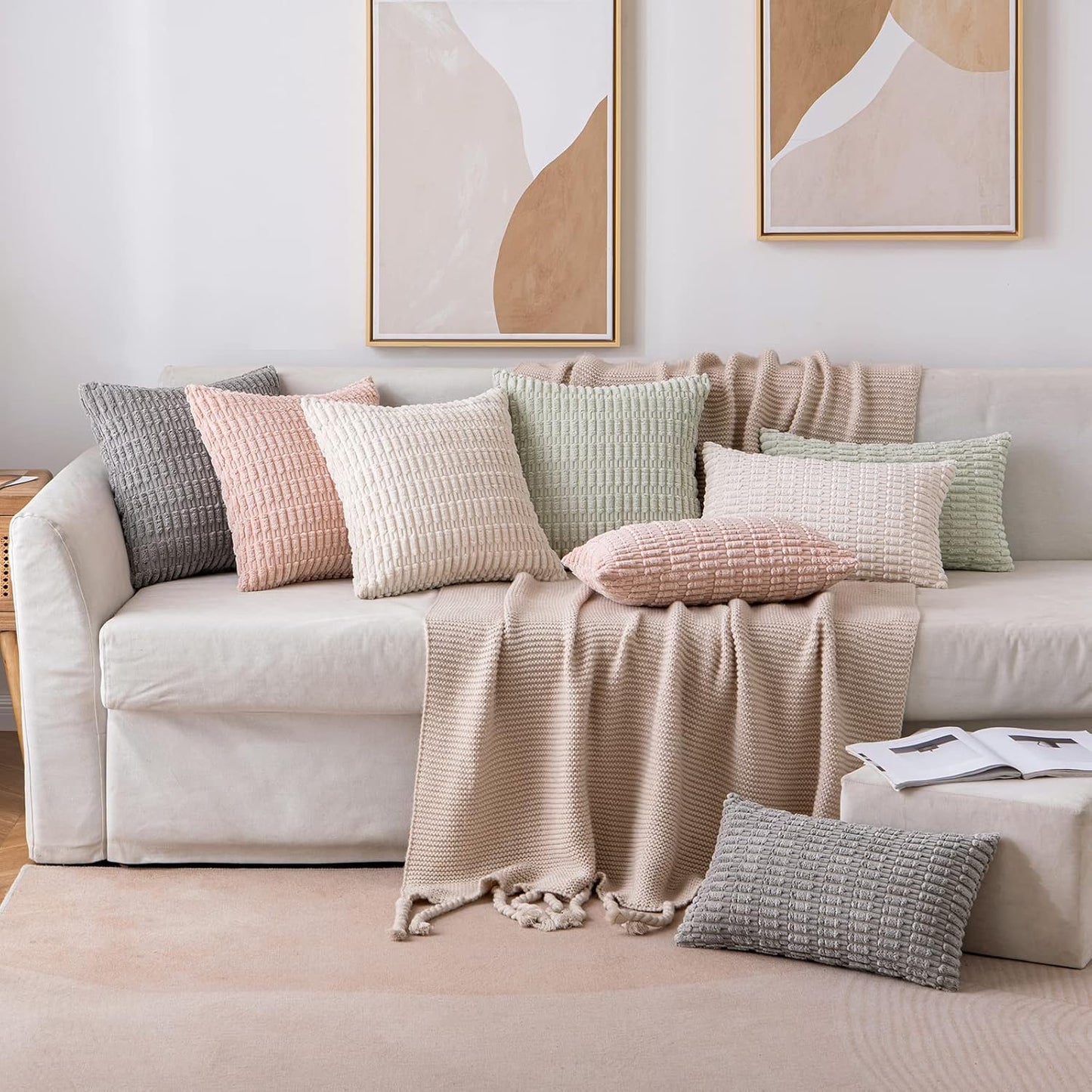 MIULEE Corduroy Lumbar Throw Pillow Covers - Soft Boho Striped Design | 22x14 Inch Cream White for Modern Home Decor