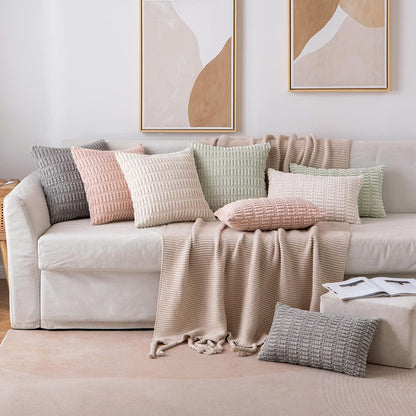 MIULEE Corduroy Lumbar Throw Pillow Covers - Soft Boho Striped Design | 22x14 Inch Cream White for Modern Home Decor