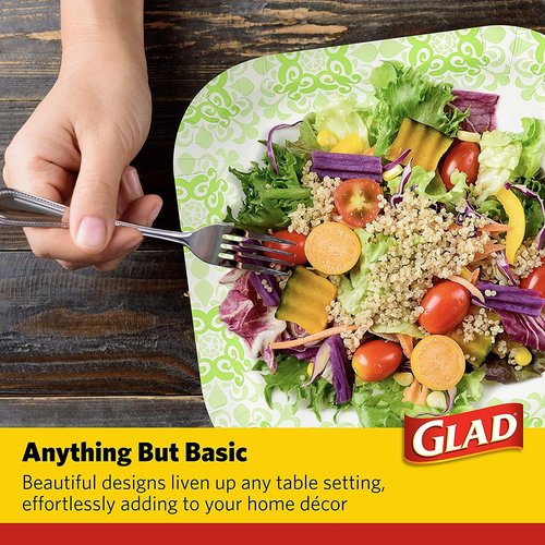 Glad Square Heavy Duty Paper Plates, Soak Proof and Cut Proof Disposable Plates for Parties and Everyday Meals, Microwaveable for Easy Serving, Green Victorian Pattern, 10 Inch, 50 Count - 6 Pack