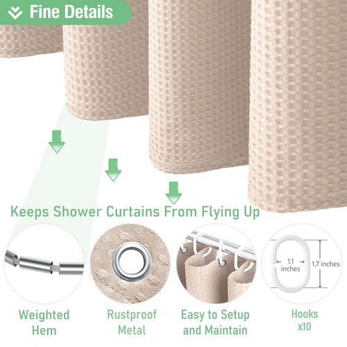 Dynamene Stall Fabric Shower Curtain - 54x78 inch Long Waffle Weave Weighted Thick Cloth Shower Curtains for Bathroom, Heavy Duty Hotel Spa Luxury Bath Curtain Set with 10 Plastic Hooks, Rose