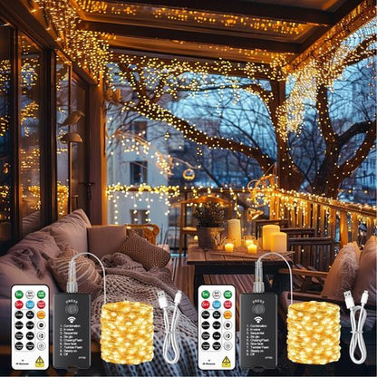 HXWEIYE 300L Curtain Lights - 100 LED Rechargeable Outdoor Fairy Lights with Remote & Timer | 2 Pack