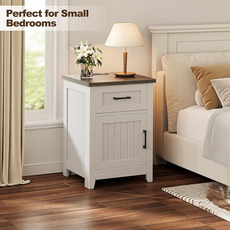 End Table Set of 2 with Built-In Charging Station, White