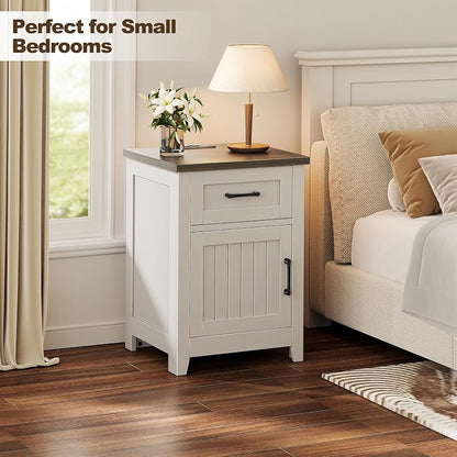 End Table Set of 2 with Built-In Charging Station, White
