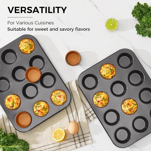 HONGBAKE Muffin Pans - Nonstick 12-Cup Cupcake Baking Tray with 120 Natural Liners | Dark Grey, 2 Pack