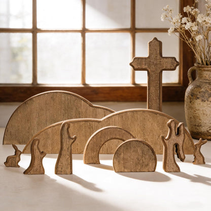 TW SHINE Easter Scene Decoration - Wooden Empty Tomb & Cross Tray Set for Home or Office