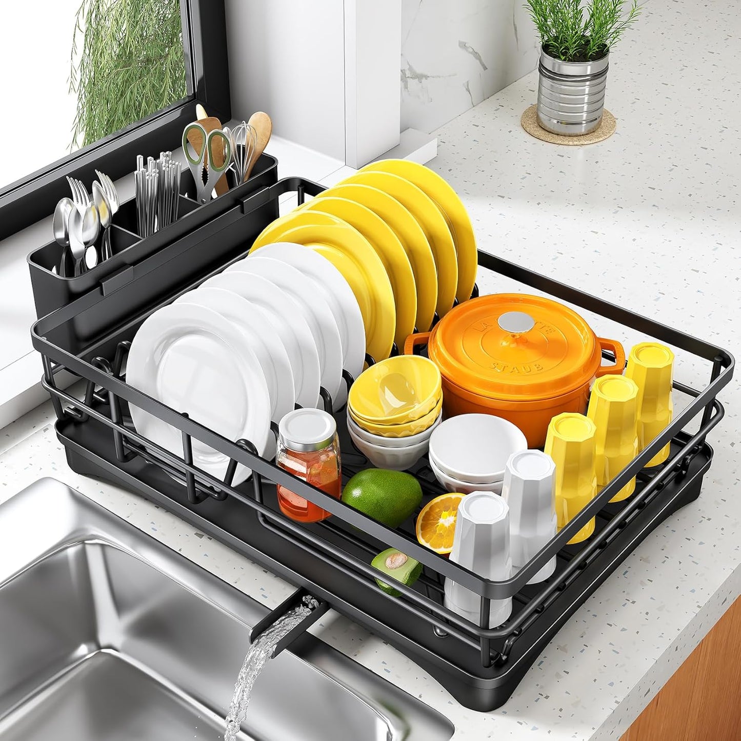 SNTD Dish Drying Rack - Large Rustproof Kitchen Dish Drainer with Drainboard & Utensil Holder | Black
