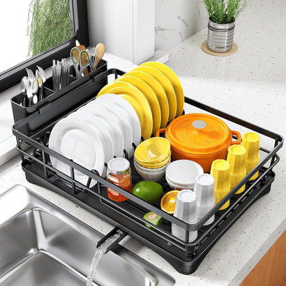 SNTD Dish Drying Rack - Large Rustproof Kitchen Dish Drainer with Drainboard & Utensil Holder | Black