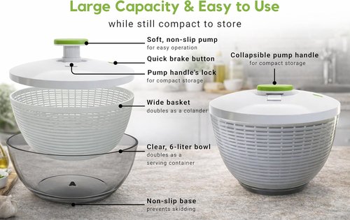 Brieftons 6.2-Quart Salad Spinner - Easy One-Handed Pump for Washing & Drying Greens, Vegetables, Fruits