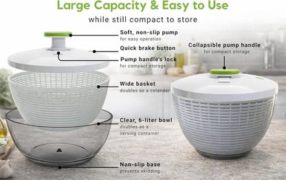 Brieftons 6.2-Quart Salad Spinner - Easy One-Handed Pump for Washing & Drying Greens, Vegetables, Fruits