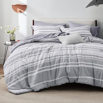 Bedsure Queen Comforter Set 7 Pieces, Grey Striped Bedding Set for All Seasons, Reversible, Cationic Dyeing Bed in a Bag with Comforter, Sheets, Pillowcases & Shams