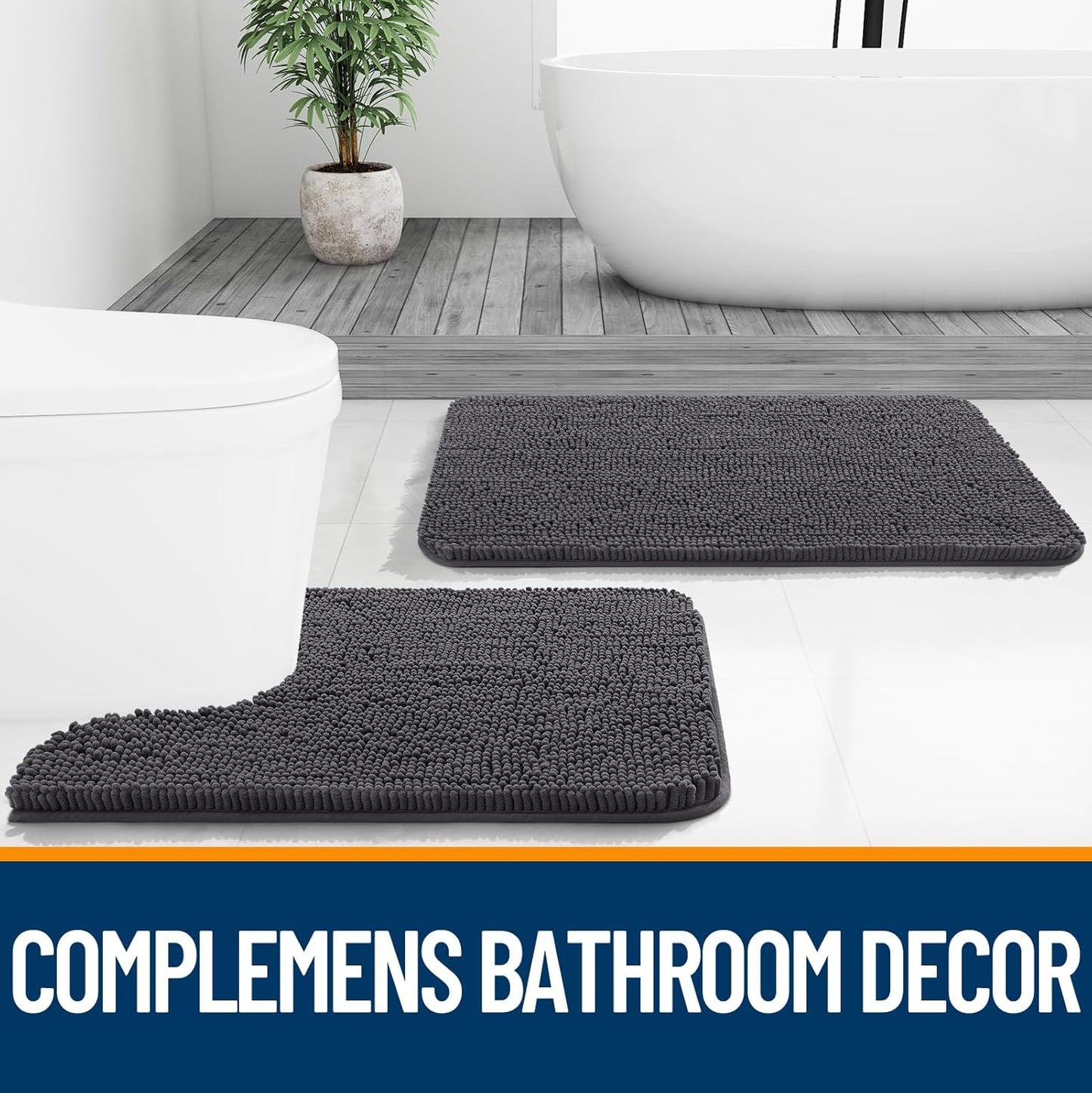 OLANLY Large Bathroom Rugs - Extra Soft Chenille Bath Mats with Rubber Backing | 47x32, Dark Grey