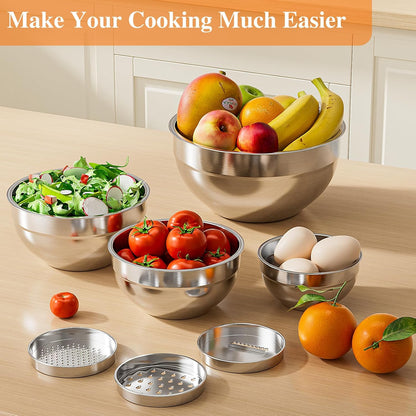 Skiennix Stainless Steel Mixing Bowls Set - 6 PCS with Lids & 3 Grater Attachments | Large Nesting Sizes 4.5QT to 0.7QT