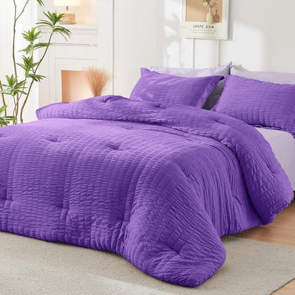 HYMOKEGE Dark Purple/Lavender Queen Comforter Set Seersucker 7 Pieces, All Season Luxury Bed in a Bag Queen for Bedroom, Bedding Set with Comforter, Sheets, Pillowcases & Shams