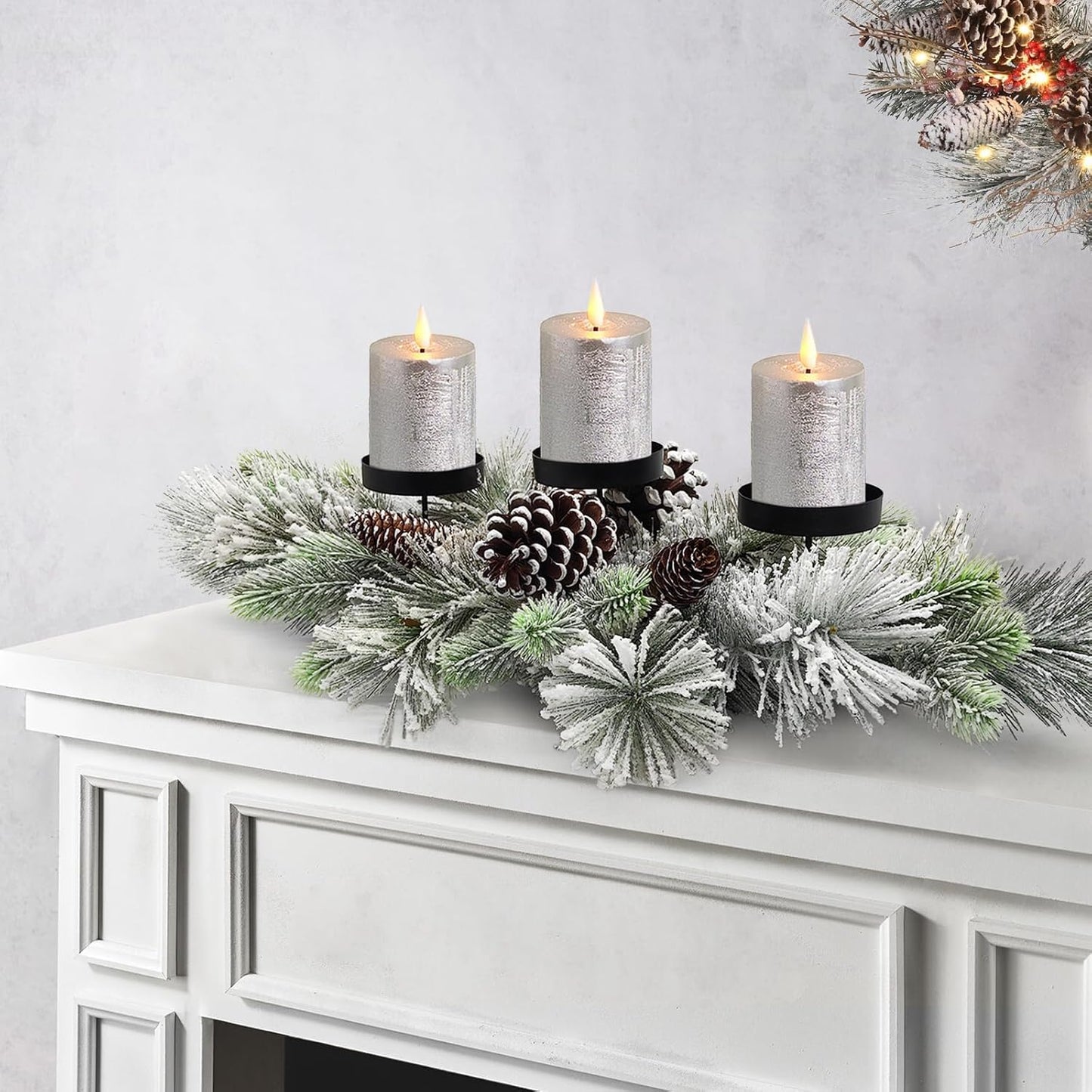 Skiennix Christmas Table Centerpiece - 27.5 Inch Flocked Pine Needles & Frosted Pine Cones | Snowy Design