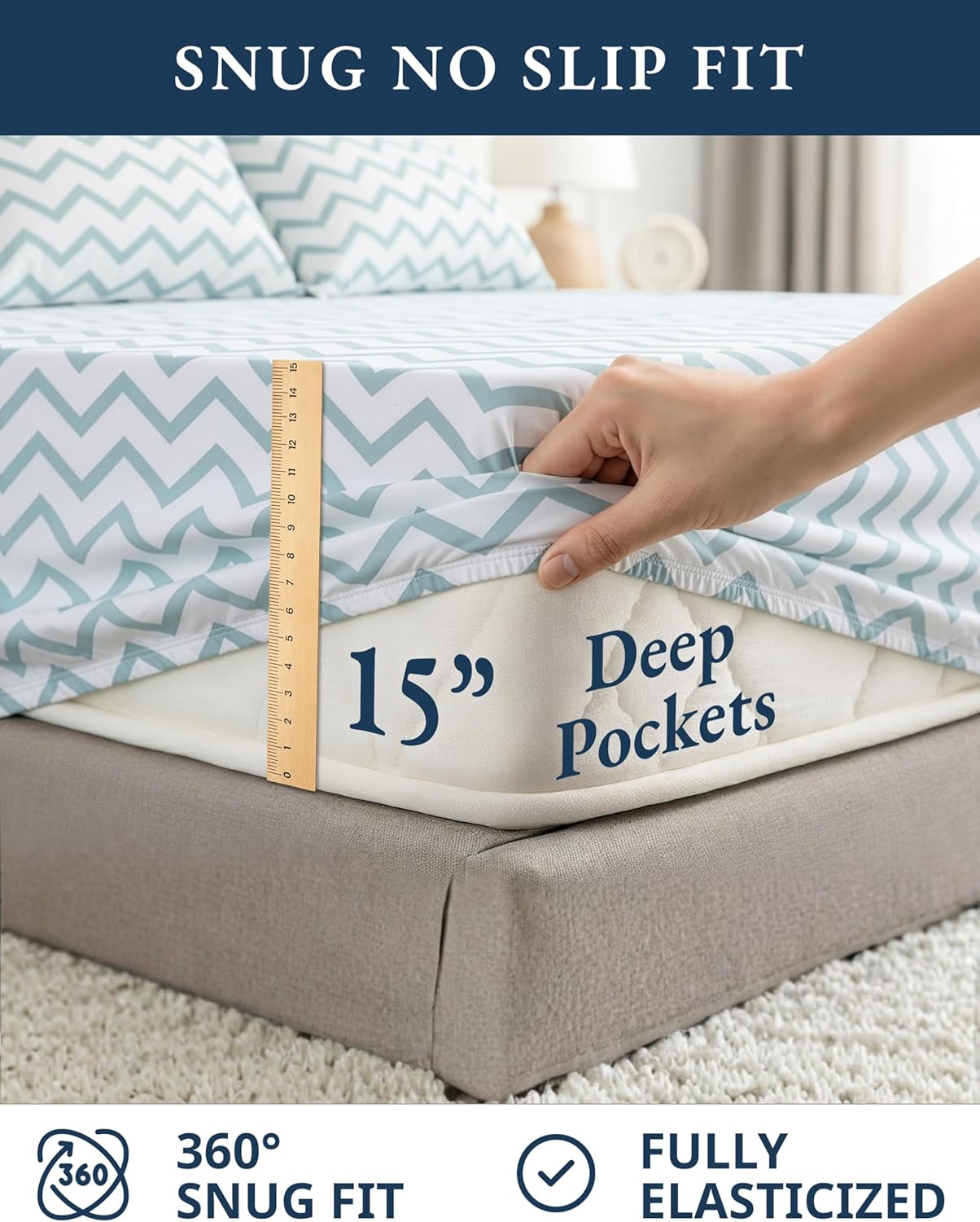 **LANE LINEN Organic Cotton Twin Bed Sheets - Naturally Cooling, Fully Elasticized, Eco-Friendly Chevron Design**
